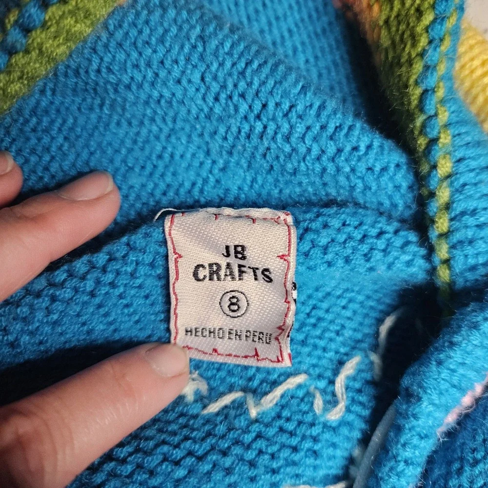 JB Crafts‎ Kids Cardigan 8 Hooded Sweater Peru Embroidered Full Zip Art